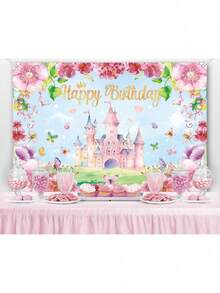 Princess Castle Theme Birthday Party Backdrop Decoration; Butterfly Princess Castle Backdrop, Birthday Party, Theme Party, Photo Studio Photo Background Decoration