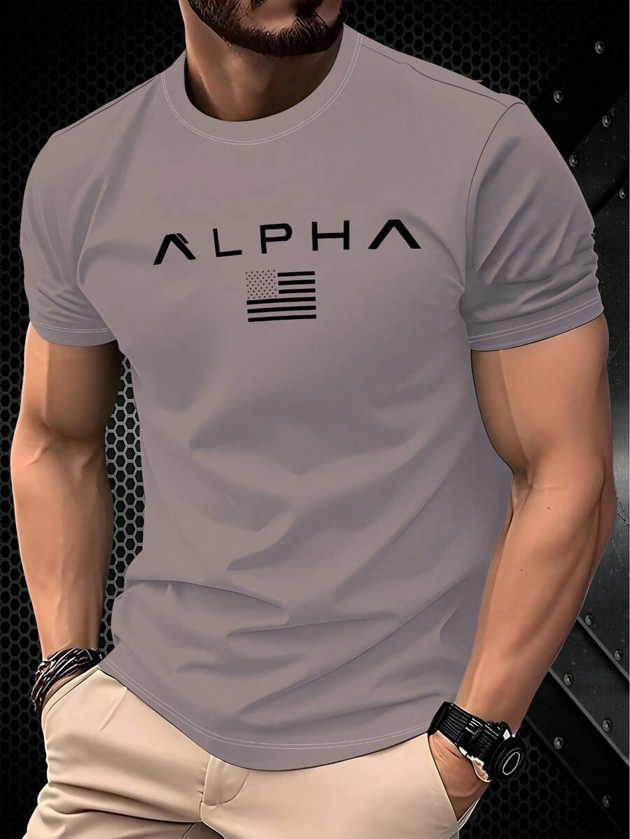 Áo thun ngắn tay màu xanh lá cây, chất liệu 100% polyester, thiết kế cá nhân hóa với chữ "ALPHA" và logo tối giản, chất vải thoáng khí, nhẹ và mềm mại, thích hợp mặc mùa hè. - Nhiều màu - Xem 1
