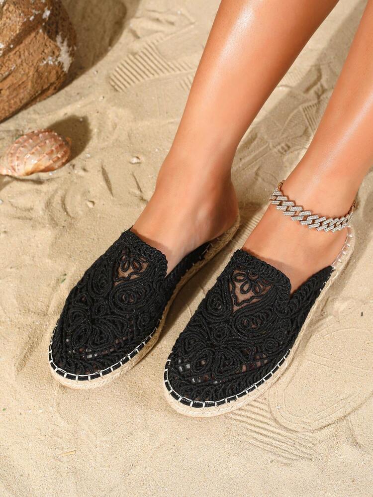 2025 Nouvelles chaussures plates de pêcheur pour femmes pour les vacances d'été, sandales à fond tressé bohème respirantes et ajourées, à enfiler - Noir - Voir 2