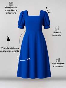 Milimetrica Vestido Midi Feminino Gravida Soltinho Elegante Com Manga Princesa Evangélico Congregar - Azul Royal - Visão 10