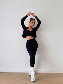 Women's 3-Piece Fitness Set Kit: Gym Clothing, Yoga Jacket, Top, And High-Waisted Leggings - màu đen - Xem 2