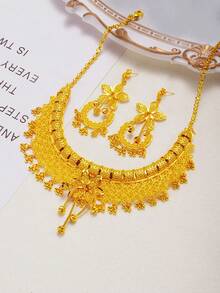 3pcs/Set 24K Gold Dubai Style Jewelry Set, Women Necklace And Earrings, Gold Alternative, Gold Jewelry Set, Saudi Arabia Fashion Accessories