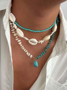 3pcs/Set Men's Retro Boho Style Shell Beaded Necklace, Creative Fashion Metal Spiral Sun Pendant Multi-Layered Necklace, Suitable For Daily And Beach Holiday Wear