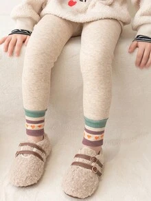 女童纯色打底裤，保暖紧身裤，学院风，加厚保暖内衬七分裤，适合秋冬季穿着 - 杏色 - 查看 3