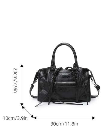 1 Pc Black Splicing Rivets Inlaid Metal Zip Tassel Zip Decoration Retro PU Material Double Handles Adjustable Long Shoulder Strap Design Zip Closure Fashion Retro Sweet Cool Style Biker Bag Y2K Punk Style Square Bag Ladies Tote Bag Casual Quiet Luxury Style Ladies Slant Shoulder Bag Suitable For Daily Commuting Work Shopping Shopping And Other Use