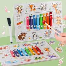 3+ Years Old Wooden Embedded Children's Hand Grab Board With Matching Puzzle, Xylophone, Painting Game Set, Reverse Side With Drawing & Writing Board, Animal, Fruit, Transportation Cognitive Early Education Intelligence Development Toy. Montessori Wooden Toy Learning Tool