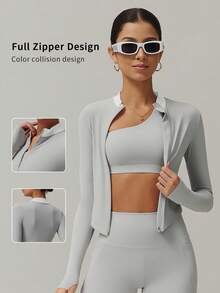 6pecil 1 pezzo Giacca sportiva con chiusura lampo, maniche lunghe, con foro per il pollice, in colori a contrasto, adatta per yoga, autunno/inverno, giacca con chiusura lampo per donna