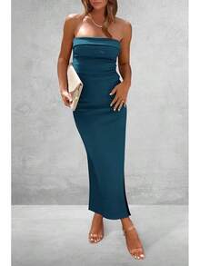 Women's Summer Bodycon Maxi Tube Dress Ribbed Strapless Side Slit Long Going Out Casual Elegant Party DressesHalloween Christmas New Year - 深藍色 - 查看 6