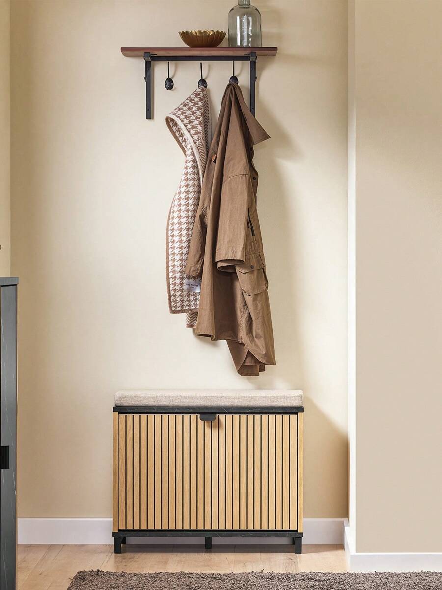 SoBuy Schuhbank Sitzbank mit Stauraum – Schuhregal Schmal mit Klappfach & Sitzfläche – Flur Schuhschrank für 47 EU Größe – Holzoptik, Marmor Schwarz, 113kg Tragkraft, FSR201-N