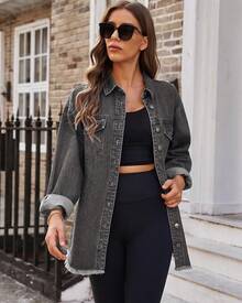 Chaqueta de jean con botones, dobladillo deshilachado, mangas largas y bolsillos para mujer, de talla grande - Gris ahumado - Ver 4