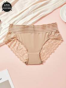 4 sztuki seksownych koronkowych, wyciętych, półprzezroczystych, jednolitych kolorów, średniej talii, plus size, damskich spodni trójkątnych, dojrzałego uroku, retro, romantycznej, francuskiej, słodkiej i uroczej bielizny, lekkie, miękkie i wygodne, całoroczne, odpowiednie do domu, podróży, na imprezy i prezenty