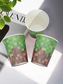 10pcs/20pcs/50pcs Pixel Paper Cups Green And Brown Pixel Gaming Drinking Cups Party Supplies Hot Cold Drinkware For Pixel Themed Birthday Party Decoration