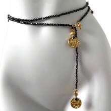 Vintage Bohemian Style Heavy Gold Coin Pendant Black Obsidian Beaded Necklace Long Layered Waist Chain For Women - 古著波西米亞風腰鏈 - 查看 6