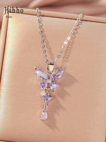 Hihho 1pc Fashionable Luxurious Purple Cubic Zirconia Butterfly Design Pendant Necklace For Women, Decoration Gift