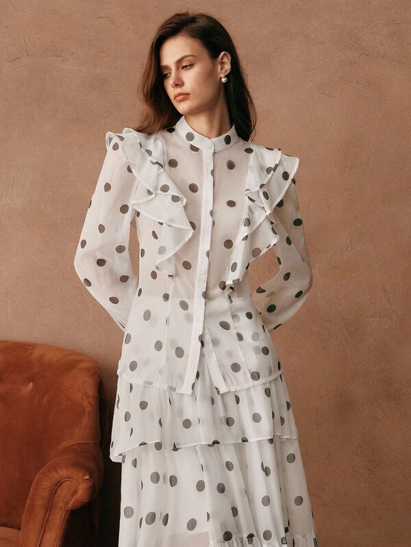 Savoree Nueva llegada Camisa de vacaciones con mangas de volantes de seda para primavera/verano, blusa con cuello mao y mangas abullonadas con estampado de lunares