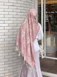 1 pezzo Sciarpa da donna stile boho con nappine, scialle jacquard con motivo paisley, hijab in pashmina con motivo a pietra, serie rosa, vari motivi raffinati, adatto come regalo, adatto per uscite autunnali e invernali - Rosa - Visualizzare 1