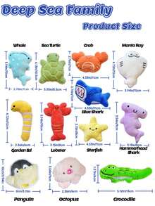 深海家族和动物家族狗狗毛绒玩具，深海家族包括鲨鱼、鲸鱼、锤头鲨、花园鳗、鳄鱼、蝠鲼、龙虾、海星、海龟、螃蟹和章鱼；动物家族包括老虎、变色龙、羊驼、鹦鹉、考拉、公鸡、大象、鹅、猴子和兔子。