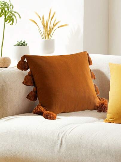1pc, Brown Cute Boho Style Decorative Throw Pillow Covers With HandmadeTassels, Soft Velvet Solid Color Square Cushion CoverSet, Indoor OutdoorWashabl Pillowcase, Home Decor, Sofa Chair Cushion,WeddingBirthday Themed Party Supplies, Holiday Accesso,Throughout The Year Can Be Used. (Excluding Pillow Insert)