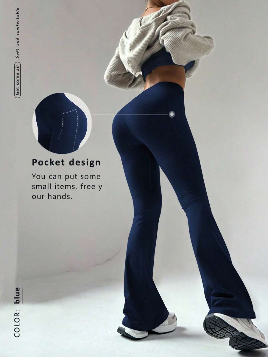 FWH 高腰显瘦喇叭裤，带隐藏口袋，功能性运动款 | 复古街头风，健身必备，收腰提臀，防滑腰带+隐藏口袋 | 适合瑜伽和日常穿着，高腰喇叭瑜伽紧身裤适合各种体型，复古时尚街头风 - 藏蓝色 - 查看 1