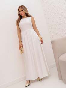 A&DD FASHION, REF: 8026, Women's Solid Color Sleeveless Dress, Long A-Line Skirt, Small Round Neck Long Skirt, Umbrella Skirt, Long A-Line Skirt, Women's Summer, 2025 New Design Thin Waist Temperament Skirt - trắng - Xem 4