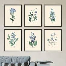 6-Piece Unframed Blue Botanical Flower Canvas Art: Modern & Minimalist Wall Decor For Indoor/Outdoor Spaces, Bedroom, Home Office & Restaurants,2D Flat Print Poster, Frameless Painting