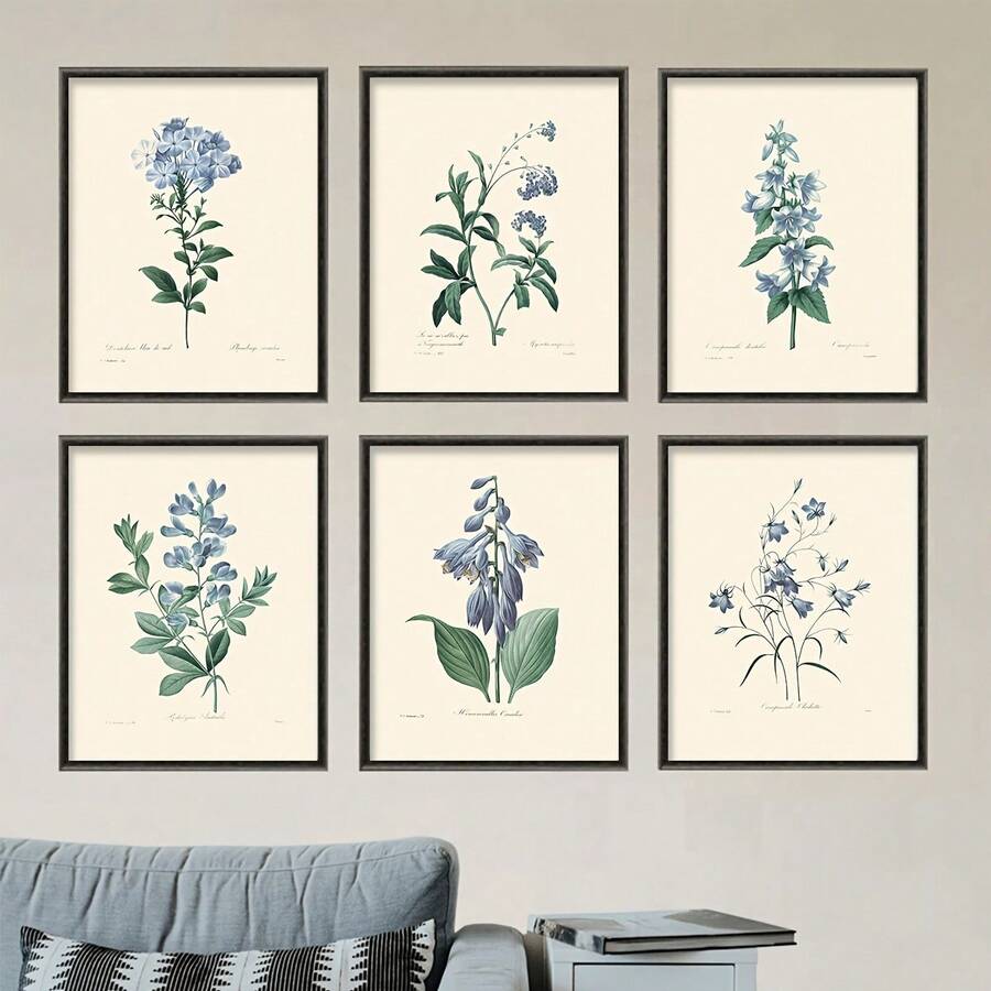6-Piece Unframed Blue Botanical Flower Canvas Art: Modern & Minimalist Wall Decor For Indoor/Outdoor Spaces, Bedroom, Home Office & Restaurants,2D Flat Print Poster, Frameless Painting