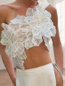 Women's 3D Flower Gorgeous Sequin Decor One Shoulder Sleeveless Bandeau Top Slim Fit Going Out Party Camisole - 白色 - 查看 4