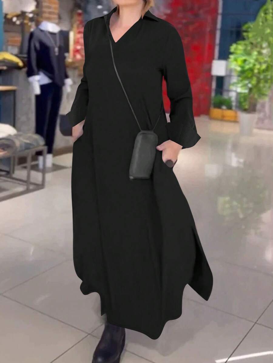 Elegant Women's Long Sleeve V-Neck Knit Belted Waist A-Line Dress, Casual Bohemian Vintage Style - 黑色 - 查看 1