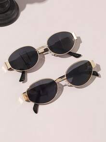 2副金属框椭圆形时尚眼镜，适合女孩日常佩戴和海滩搭配（镜腿颜色和款式随机）