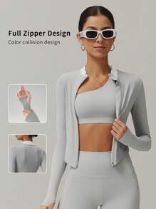 6pecil 1 pezzo Giacca sportiva con chiusura lampo, maniche lunghe, con foro per il pollice, in colori a contrasto, adatta per yoga, autunno/inverno, giacca con chiusura lampo per donna