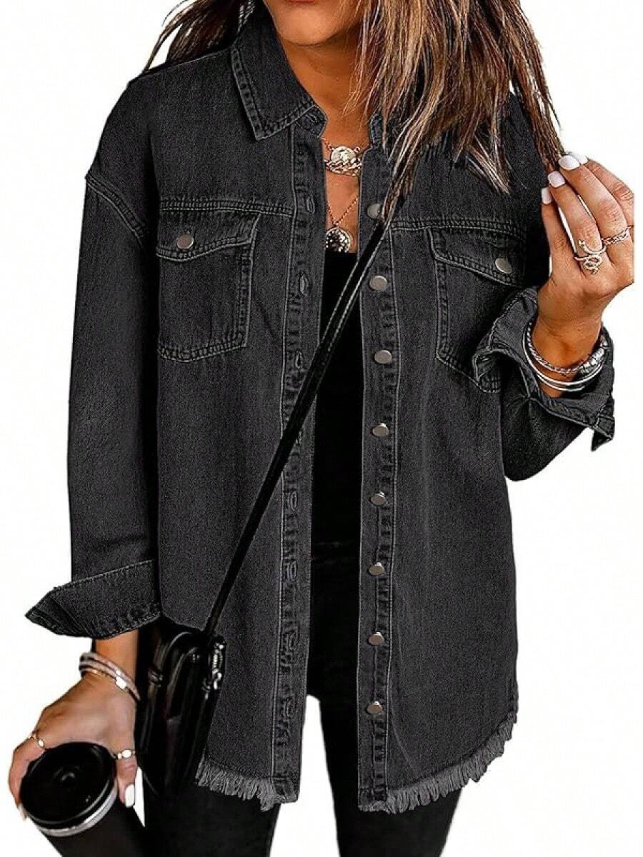 Vetinee Women's Oversized Button Up Frayed Hem Shacket Long Sleeve Pockets Denim Jean Jacket - 黑色 - 查看 1
