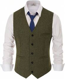 PJ  Men's Herringbone Tweed Suit Vest Casual Wool Blend Waistcoat - 軍綠色 - 查看 2