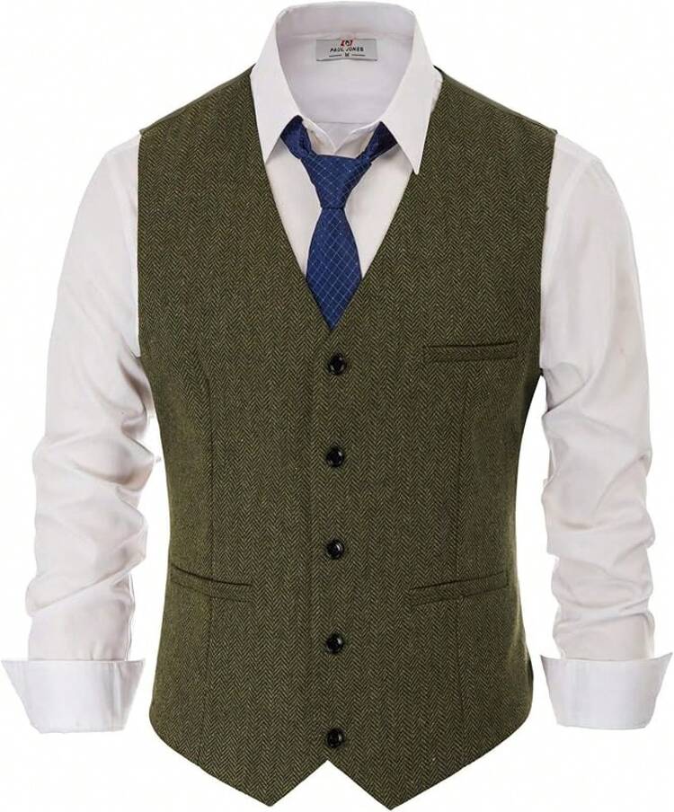 PJ  Men's Herringbone Tweed Suit Vest Casual Wool Blend Waistcoat - 軍綠色 - 查看 2