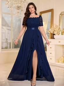 Đầm maxi cỡ lớn cổ chữ V ren hoa phối bèo nhún bằng chiffon, thanh lịch cho các dịp trang trọng như dạ hội, vũ hội, tiệc cưới, tiệc mùa xuân. - Màu xanh hải quân - Xem 9