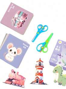 120Sheets/Set Kids DIY Paper-Cutting Art Kit With Scissors, 10 Pcs/Set Paper Tray Stickers,Montessori Educational Cutting And Pasting Toy, Vivid Designs,Creative Hands-On Craft Set For Family Bonding, Motor Skills & Holiday Fun