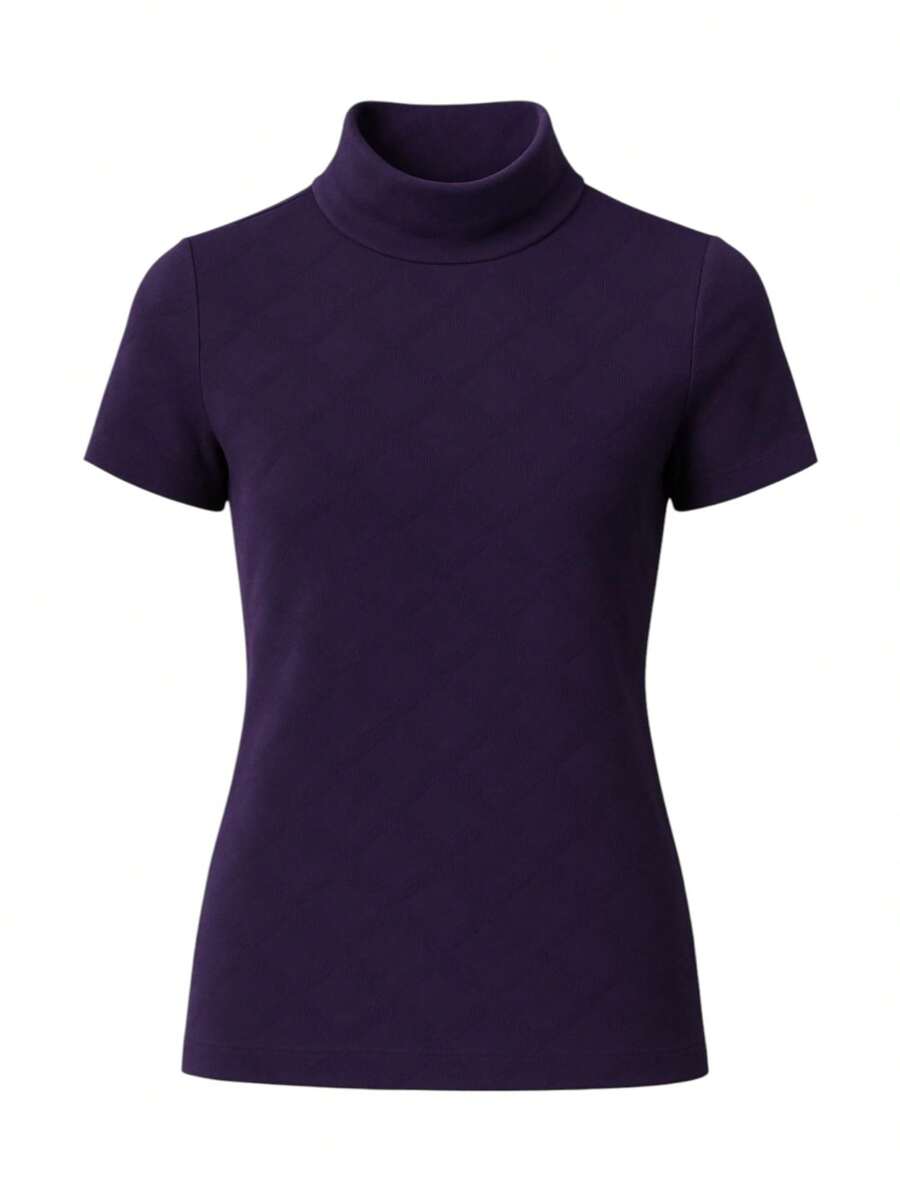Women's Ribbed Mock Neck Short Sleeve Slim Fit Knit Top, Lightweight Stretchy Soft Tee Shirt, Casual Minimalist High Neck Pullover For Work, Travel And Everyday Wear, Classic Beige - 紫色 - 查看 1