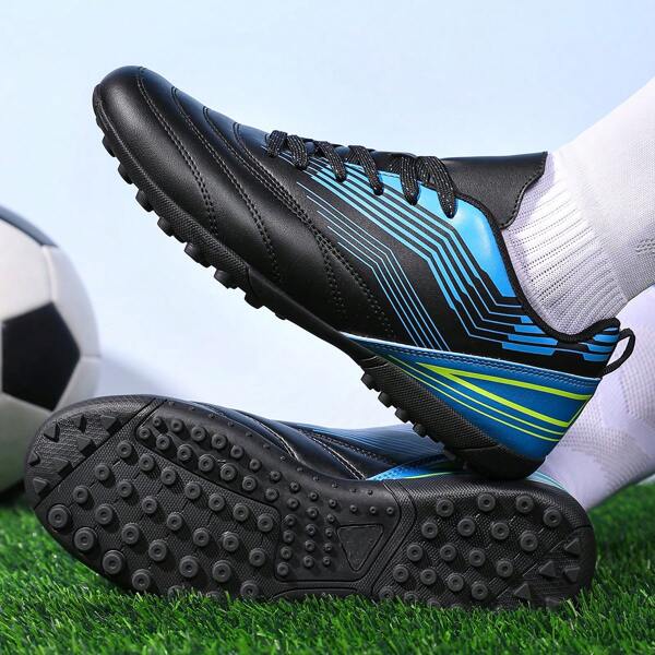 1 Par De Chuteiras Masculinas De Futebol, Antiderrapantes E Duráveis, Cabedal, Design Com Tachas Multicoloridas, Sola De Borracha, Calçados Profissionais Adequados Para Campos De Grama Curta E Lamacenta