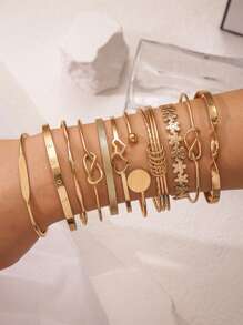 12/7pcs Women Metal Stackable Bracelet Set, Minimalist Elegant Heart & Geometric Pattern Bangles, Suitable For Daily Wear, Dates, And Music Festivals