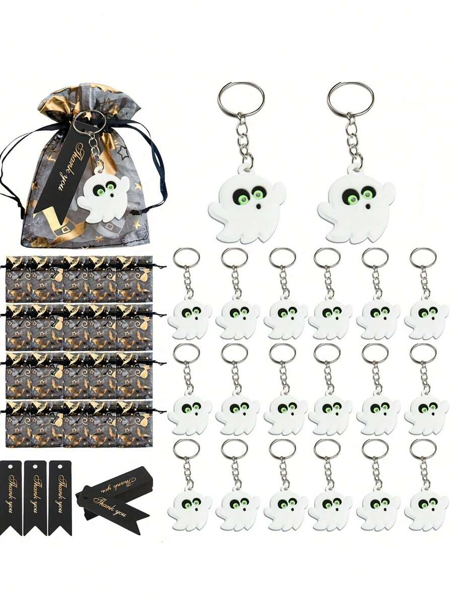 30pcs Halloween Keychain Pendant Gift Pack, Cute Bat & Ghost Keychain Decor, Comes With Organza Bag And Thank You Card, Suitable For Halloween Gifts, Halloween Party Decorations, Halloween Gifts - Multicolor - View 1