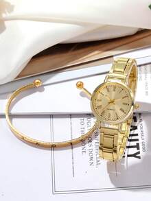 2 件女士金色合金表带，时尚休闲罗马字母表盘石英表，搭配 LOVE 字母手链套装，适合日常佩戴或节日礼物 - 金色 - 查看 6