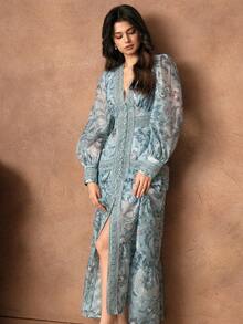 Savoree New Summer Floral Print V-Neck Chiffon Ruffle Trim Splice Long Sleeve Vacation Dress