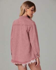 Vetinee Women's Oversized Button Up Frayed Hem Shacket Long Sleeve Pockets Denim Jean Jacket - Faded Rose - 查看 2