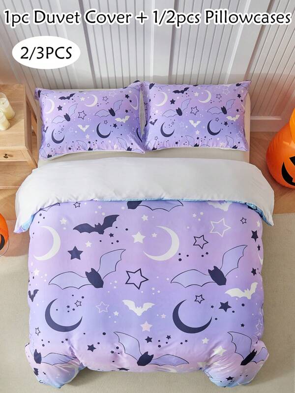 2/3 pièces Set de housse de couette imprimé motif chauve-souris d'Halloween, Set de literie mignon pour Halloween, décoration de chambre, doux et respirant, lavable en machine (1 housse de couette + 1/2 taies d'oreiller, sans rembourrage)