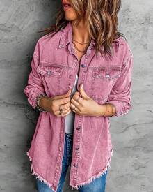Vetinee Women's Oversized Button Up Frayed Hem Shacket Long Sleeve Pockets Denim Jean Jacket - 紫丁香玫瑰 - 查看 3
