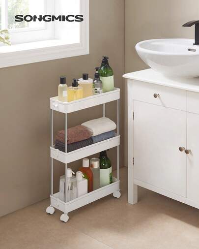 SONGMICS Carrello Portaoggetti a 3 Livelli, Carrello con Ruote, Carrello da Cucina Salvaspazio in Bagno Ufficio, 14,4 x 42 x 60,6 cm, Bianco Nuvola
