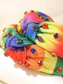 1 件多巴胺彩虹条纹水钻扭纹头带，休闲百搭面料发饰，适合日常生活、街头服饰、骄傲月装饰、发带、发箍、发饰