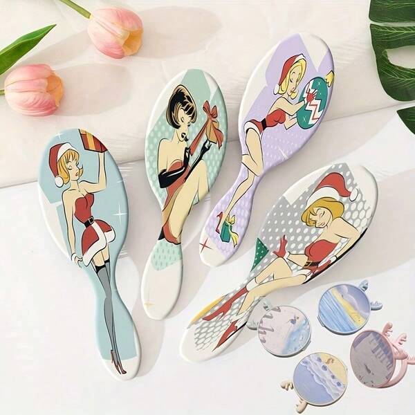 2pcs/Set Christmas Modern Lady Air Cushion Comb High Temperature Resistant Anti-Static ABS Material Massage Comb + Cute Deer Ear Shaped Double-Sided High Definition Foldable Makeup Mirror (Mirror Pattern Random)