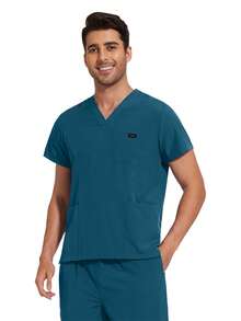 短袖男士手术服医生工作服牙医套装手术服上衣裤子男士医院护士工作服实验室药房制服 - 深色水洗藍 - 查看 3