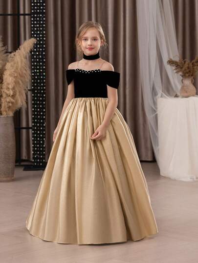 少女金色拼接露肩手工串珠优雅派对礼服，公主裙，适合女孩生日派对、舞会、毕业典礼、婚礼花童、伴娘等场合。