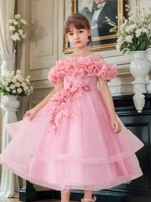 Girls' Party Dress With Floral Embroidery | Cloud-Shoulder Design & Layered Tulle Skirt | Flower Girl And Special Occasion Gown (4-9 Years) - 粉色 - 查看 1